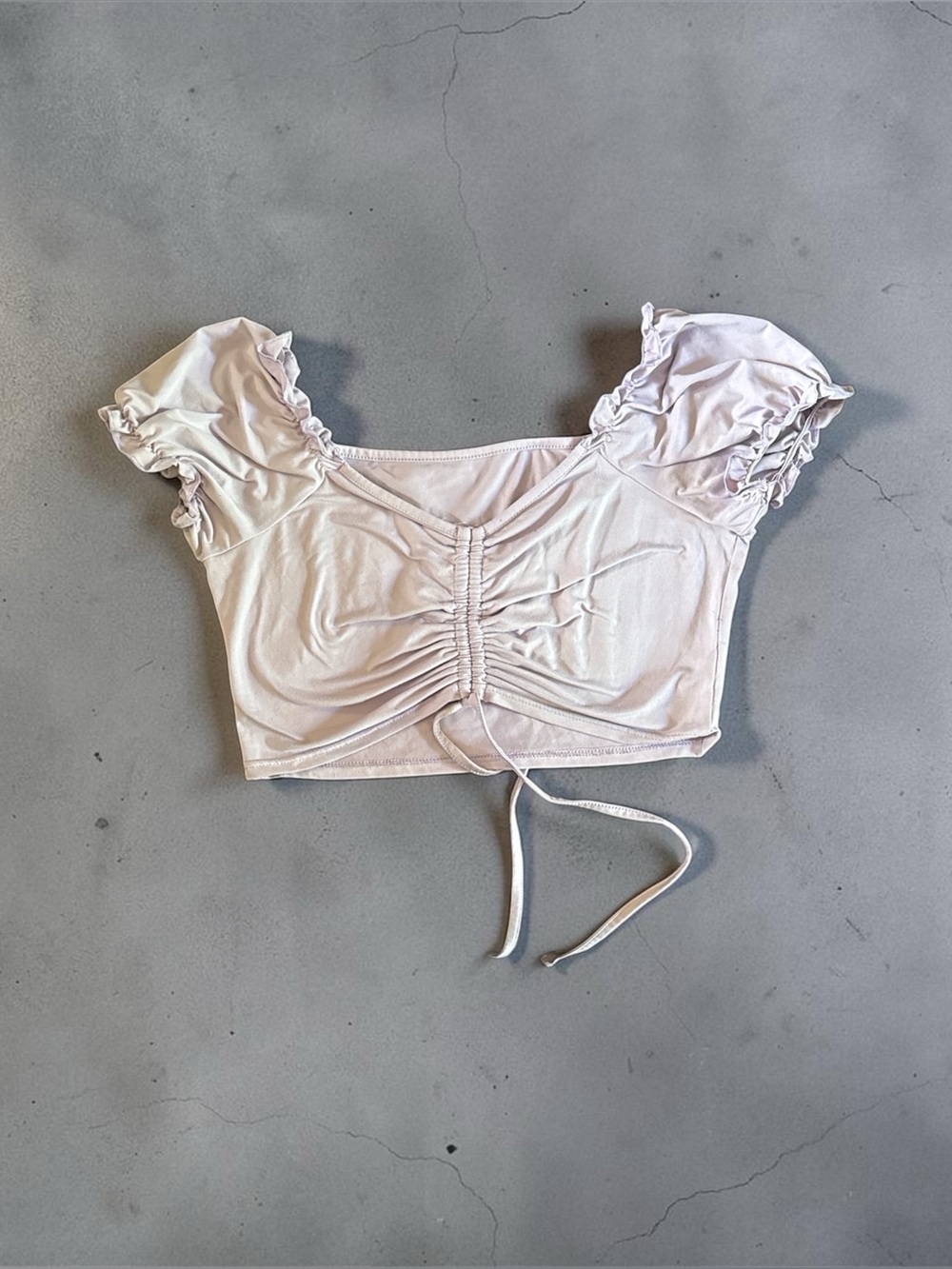 Ruched Front Pink Crop Top with Puff Sleeves